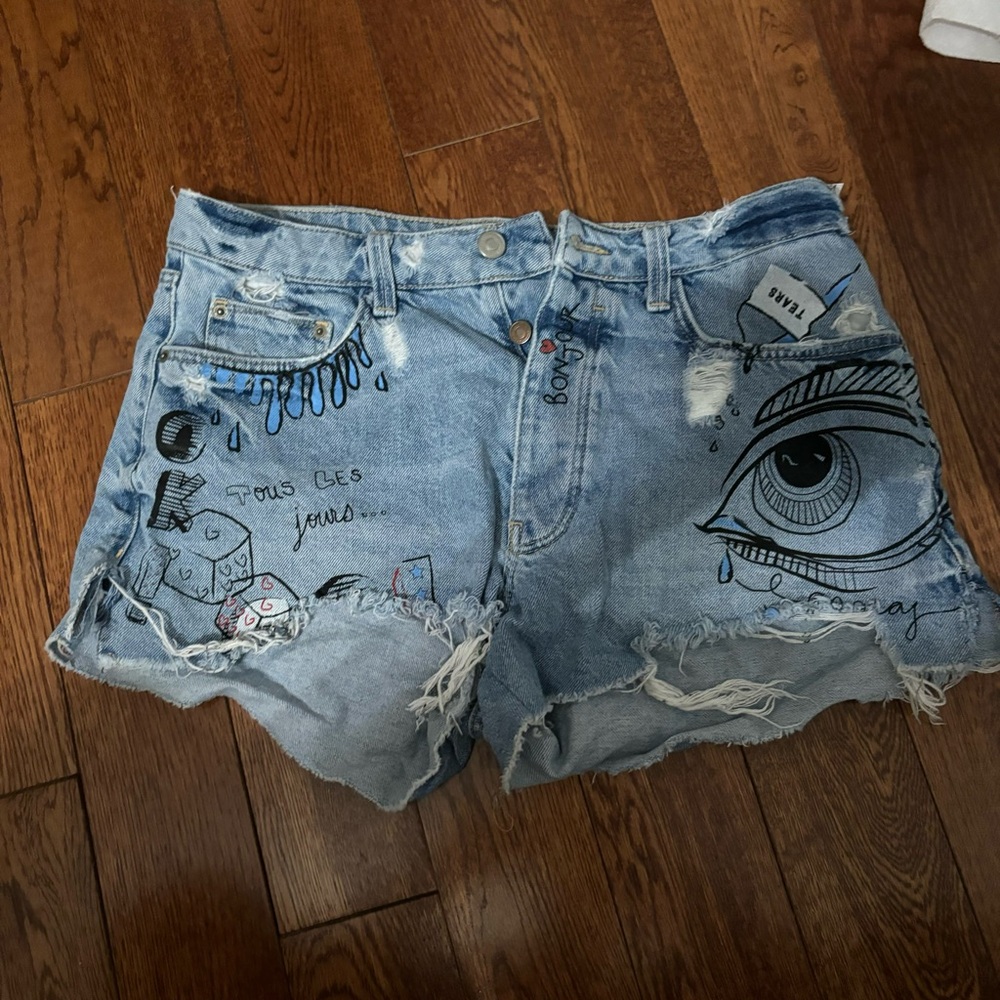 Zara Blue Artistic Denim Shorts